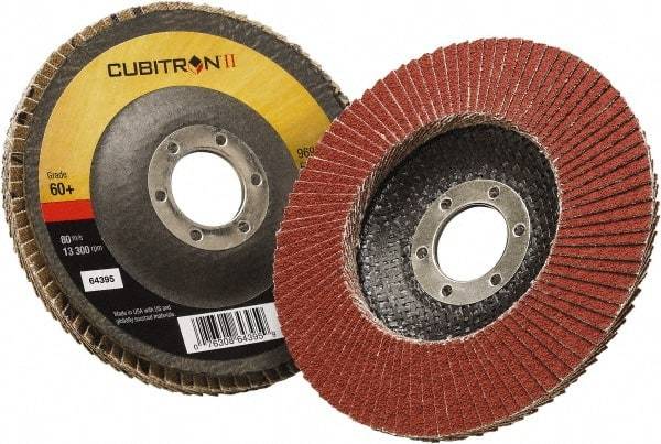 3M - 60 Grit, 4-1/2" Disc Diam, 7/8" Center Hole, Type 29 Ceramic Flap Disc - 13,300 Max RPM, Polyester Backing, Arbor Attaching System, Coated - Apex Tool & Supply