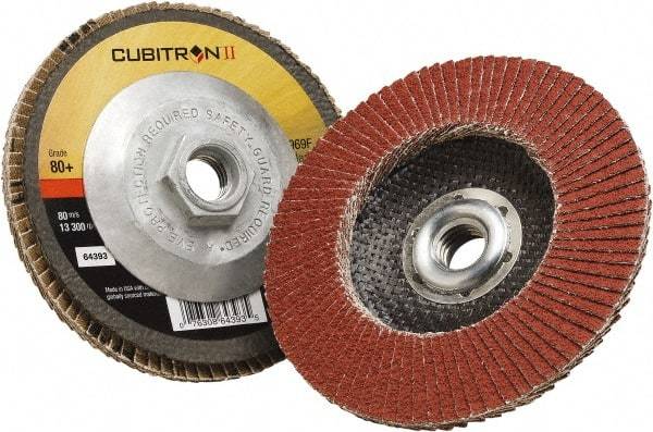 3M - 80 Grit, 4-1/2" Disc Diam, 5/8-11 Center Hole, Type 29 Ceramic Flap Disc - 13,300 Max RPM, Polyester Backing, Arbor Attaching System, Coated - Apex Tool & Supply
