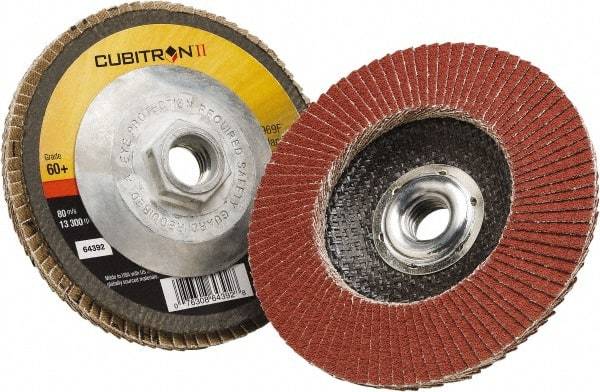 3M - 60 Grit, 4-1/2" Disc Diam, 5/8-11 Center Hole, Type 29 Ceramic Flap Disc - 13,300 Max RPM, Polyester Backing, Arbor Attaching System, Coated - Apex Tool & Supply