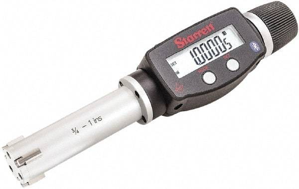 Starrett - 3/4" to 1", IP67, Carbide Face Electronic Inside Micrometer - 0.00005" Resolution, 0.00015" Accuracy, 2-5/8" Gage Depth - Apex Tool & Supply