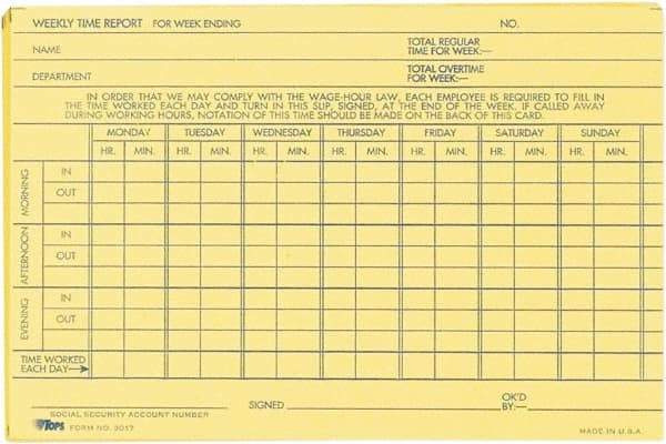 TOPS - 29/32" High x 6-51/64" Wide Weekly Time Cards - Use with Manual Time Record - Apex Tool & Supply