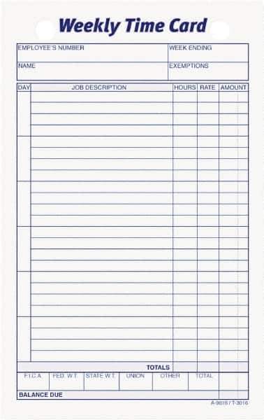TOPS - 1" High x 4-19/64" Wide Weekly Time Cards - Use with Manual Time Record - Apex Tool & Supply