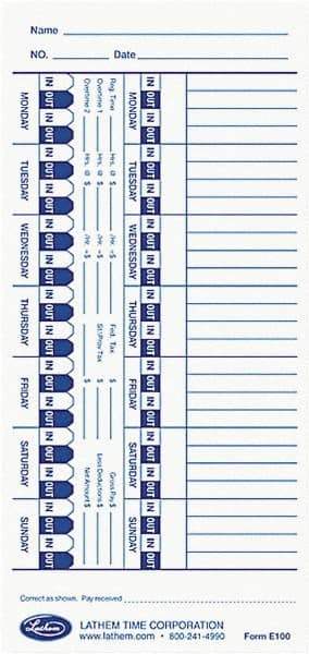 Lathem Time - 1-1/4" High x 4" Wide Weekly Time Cards - Use with Lathem E Series Time Recorders - Apex Tool & Supply