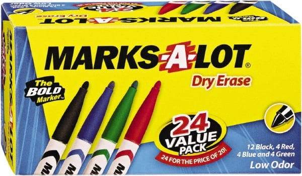 Marks-A-Lot - Assorted Colors, Pen Style, Bullet Tip, 24 Set Dry Erase Markers - For Use with Dry Erase Marker Boards - Apex Tool & Supply