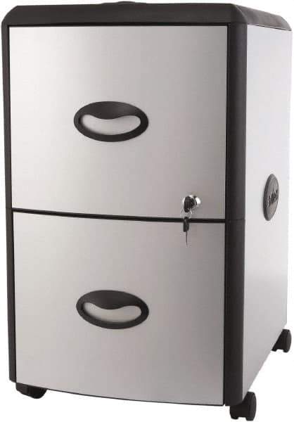 Storex - 19" Wide x 23" High x 15" Deep, 2 Drawer Mobile Pedestal - Plastic/Steel, Silver/Black - Apex Tool & Supply