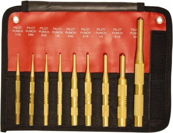 Mayhew - 9 Piece, 1/16 to 3/8", Brass Pilot Punch Kit - Round Shank, Brass, Comes in Pouch - Apex Tool & Supply