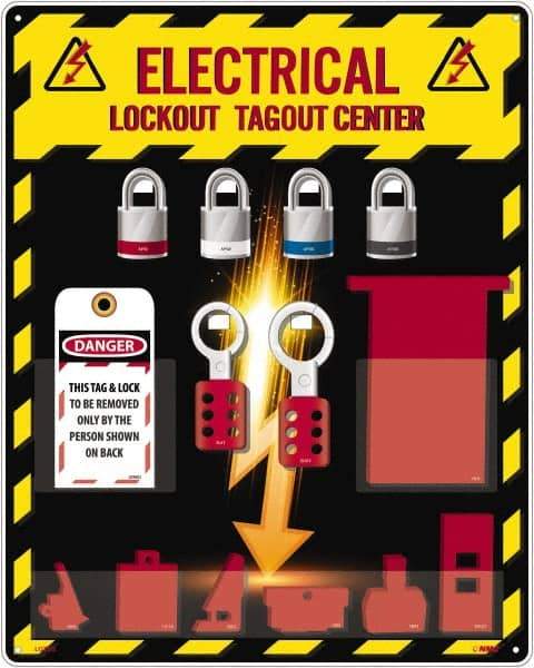 NMC - Equipped Acrylic Electrical Lockout Station - 16" Wide x 20" High x 4" Deep, Red, White, Blue, Black - Apex Tool & Supply