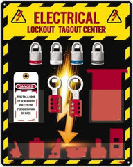 NMC - Equipped Acrylic Electrical Lockout Station - 16" Wide x 20" High x 4" Deep, Red, White, Blue, Black - Apex Tool & Supply
