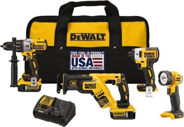 DeWALT - 20 Volt Cordless Tool Combination Kit - Includes 1/2" Brushless Hammerdrill, Brushless 1/4" Impact Driver, Brushless Reciprocating Saw & LED Worklight, Lithium-Ion Battery Included - Apex Tool & Supply