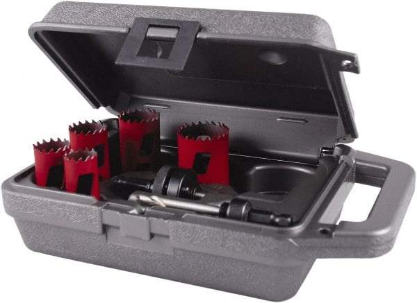 M.K. MORSE - 7 Piece, 7/8" to 1-1/2" Saw Diam, Mechanic's Hole Saw Kit - Bi-Metal, Toothed Edge, Pilot Drill Model No. MAPD301, Includes 2 Hole Saws - Apex Tool & Supply