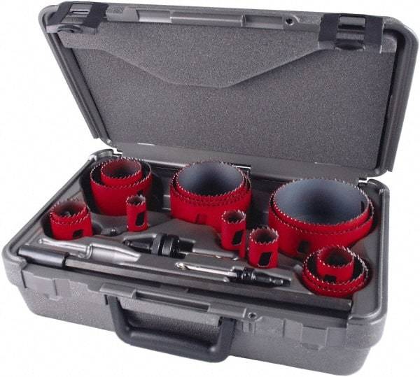 M.K. MORSE - 19 Piece, 3/4" to 4-1/2" Saw Diam, Industrial Hole Saw Kit - Bi-Metal, Toothed Edge, Pilot Drill Model No. MAPD301, Includes 5 Hole Saws - Apex Tool & Supply