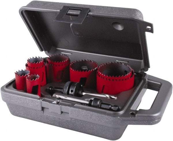 M.K. MORSE - 11 Piece, 3/4" to 2-1/2" Saw Diam, General Purpose Hole Saw Kit - Bi-Metal, Toothed Edge, Pilot Drill Model No. MAPD301, Includes 3 Hole Saws - Apex Tool & Supply