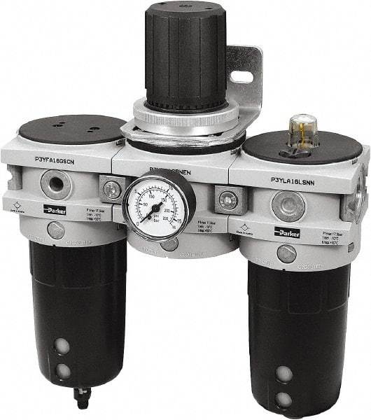 Parker - 1" NPT Port Heavy-Duty 3 Piece Filter-Regulator-Lubricator FRL Unit - Polypropylene Bowl, 170 SCFM, 254 Max psi, 13-1/2" High, Automatic Drain - Apex Tool & Supply