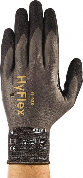 Ansell - Size L (9), ANSI Cut Lvl A2, Abrasion Lvl 4, Nitrile/Polyurethane Coated HPPE Fiber Cut Resistant Gloves - 9.6063" Long, Fully Coated Coated, Spandex & Dyneema/Nylon Lining, Knit Wrist, Gray/Black, Paired - Apex Tool & Supply