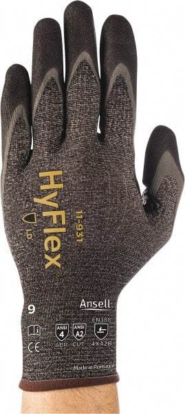 Ansell - Size L (9), ANSI Cut Lvl A2, Abrasion Lvl 4, Nitrile/Polyurethane Coated HPPE Fiber Cut Resistant Gloves - 9.685" Long, Palm & Fingers Coated, Spandex & Dyneema/Nylon Lining, Knit Wrist, Gray/Black, Paired - Apex Tool & Supply