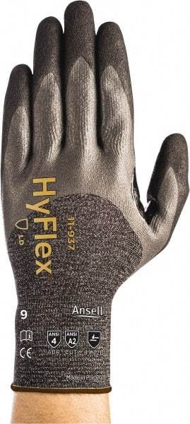 Ansell - Size L (9), ANSI Cut Lvl A2, Abrasion Lvl 4, Nitrile/Polyurethane Coated HPPE Fiber Cut Resistant Gloves - 9.7638" Long, Palm, Fingers & Knuckles Coated, Spandex & Dyneema/Nylon Lining, Knit Wrist, Gray/Black, Paired - Apex Tool & Supply
