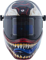 Save Phace - 3.82" Window Width x 1.85" Window Height, 4, 9 to 13 Shade Auto-Darkening Lens, Fixed Front Welding Helmet - Red/White/Blue/Silver, Nylon Green Lens - Apex Tool & Supply