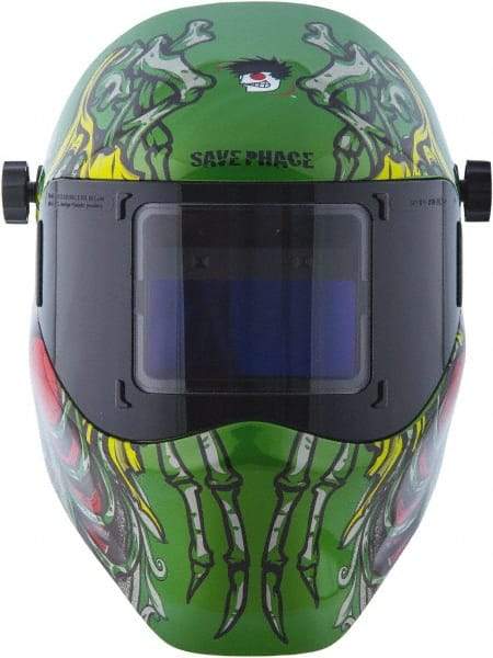 Save Phace - 3.82" Window Width x 1.85" Window Height, 4, 9 to 13 Shade Auto-Darkening Lens, Fixed Front Welding Helmet - Green/Blue/Yellow/Red, Nylon Green Lens - Apex Tool & Supply