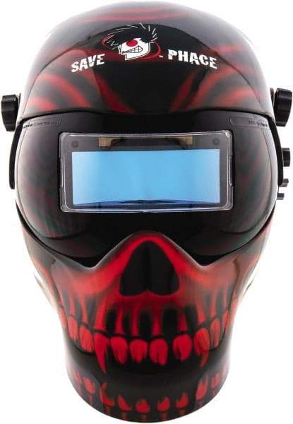 Save Phace - 3.74" Window Width x 1.38" Window Height, 4, 9 to 13 Shade Auto-Darkening Lens, Fixed Front Welding Helmet - Black/Red, Nylon Green Lens - Apex Tool & Supply