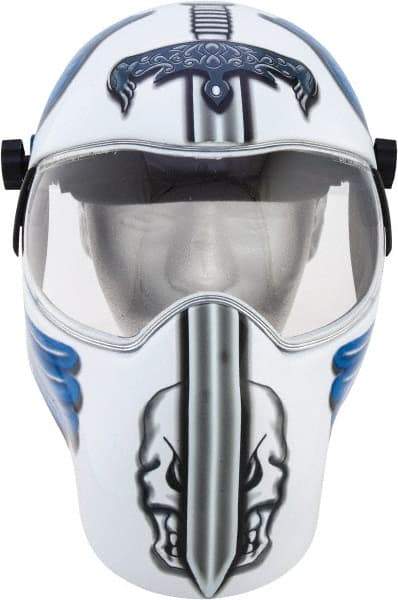 Save Phace - 11" Window Width x 3-3/4" Window Height, 10 Shade Fixed Shade Lens, Fixed Front Welding Helmet - White/Blue/Grey, Nylon Green Lens - Apex Tool & Supply