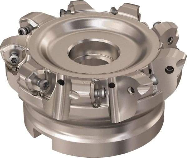 Seco - 9 Inserts, 85.6mm Cutter Diam, 1.8mm Max Depth of Cut, Indexable High-Feed Face Mill - 32mm Arbor Hole Diam, 14.4mm Keyway Width, 50mm High, R220.21 Toolholder, 218.21-230 Inserts, Series High Feed 6 - Apex Tool & Supply