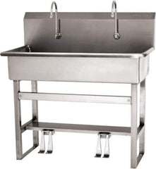 SANI-LAV - 37" Long x 16-1/2" Wide Inside, 1 Compartment, Grade 304 Stainless Steel (3) Person Wash-Station with Double Foot Valves - 16 Gauge, 40" Long x 20" Wide x 45" High Outside, 8" Deep - Apex Tool & Supply