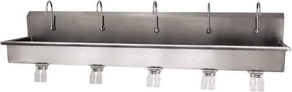SANI-LAV - 97" Long x 16-1/2" Wide Inside, 1 Compartment, Grade 304 Stainless Steel (5) Person Wash-Station with Double Foot Valves - 16 Gauge, 100" Long x 20" Wide x 18" High Outside, 8" Deep - Apex Tool & Supply