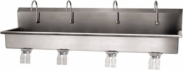 SANI-LAV - 77" Long x 16-1/2" Wide Inside, 1 Compartment, Grade 304 Stainless Steel (4) Person Wash-Station with Double Foot Valves - 16 Gauge, 80" Long x 20" Wide x 18" High Outside, 8" Deep - Apex Tool & Supply