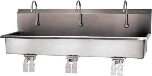 SANI-LAV - 57" Long x 16-1/2" Wide Inside, 1 Compartment, Grade 304 Stainless Steel (3) Person Wash-Station with Double Foot Valves - 16 Gauge, 60" Long x 20" Wide x 18" High Outside, 8" Deep - Apex Tool & Supply