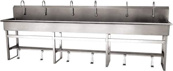 SANI-LAV - 117" Long x 16-1/2" Wide Inside, 1 Compartment, Grade 304 Stainless Steel (6) Person Wash-Station with Single Foot Valves - 16 Gauge, 120" Long x 20" Wide x 45" High Outside, 8" Deep - Apex Tool & Supply