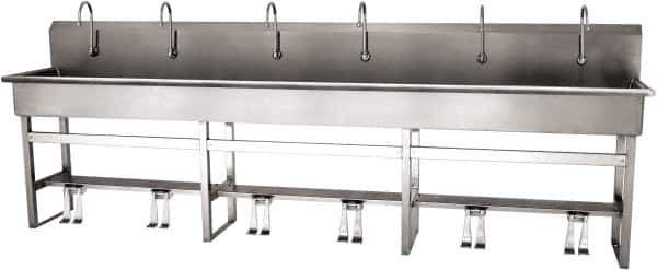 SANI-LAV - 117" Long x 16-1/2" Wide Inside, 1 Compartment, Grade 304 Stainless Steel (6) Person Wash-Station with Double Foot Valves - 16 Gauge, 120" Long x 20" Wide x 45" High Outside, 8" Deep - Apex Tool & Supply