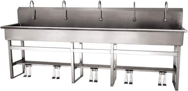 SANI-LAV - 97" Long x 16-1/2" Wide Inside, 1 Compartment, Grade 304 Stainless Steel (5) Person Wash-Station with Double Foot Valves - 16 Gauge, 100" Long x 20" Wide x 45" High Outside, 8" Deep - Apex Tool & Supply