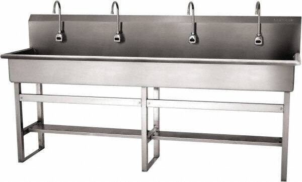 SANI-LAV - 77" Long x 16-1/2" Wide Inside, 1 Compartment, Grade 304 Stainless Steel (4) Person Wash-Station with Electronic Faucet - 16 Gauge, 80" Long x 20" Wide x 45" High Outside, 8" Deep - Apex Tool & Supply