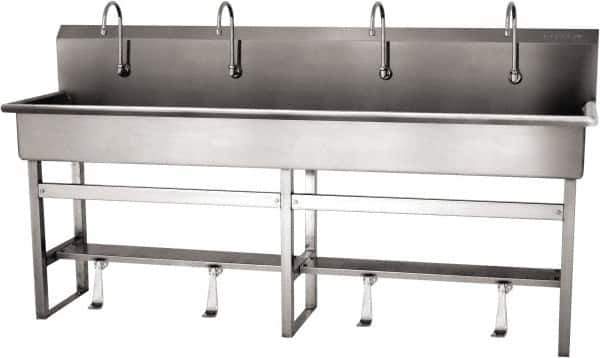 SANI-LAV - 77" Long x 16-1/2" Wide Inside, 1 Compartment, Grade 304 Stainless Steel (5) Person Wash-Station with Single Foot Valves - 16 Gauge, 80" Long x 20" Wide x 45" High Outside, 8" Deep - Apex Tool & Supply