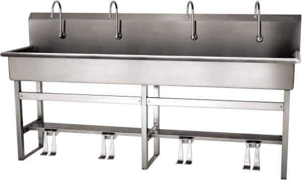 SANI-LAV - 77" Long x 16-1/2" Wide Inside, 1 Compartment, Grade 304 Stainless Steel (5) Person Wash-Station with Double Foot Valves - 16 Gauge, 80" Long x 20" Wide x 45" High Outside, 8" Deep - Apex Tool & Supply