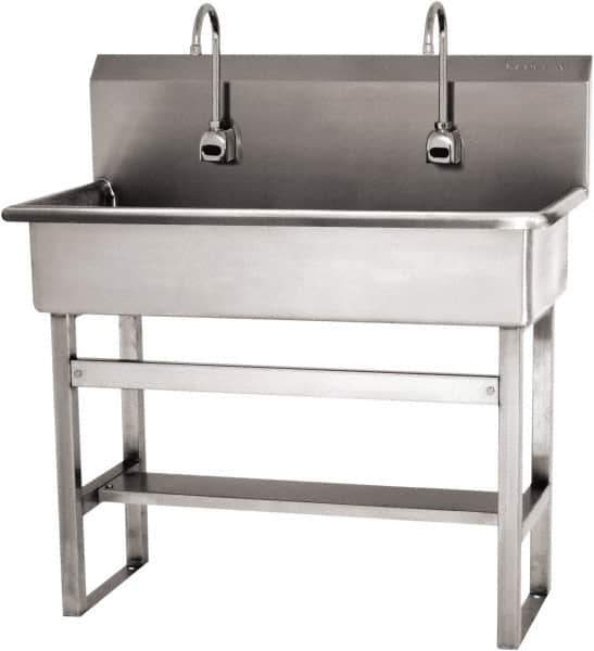 SANI-LAV - 37" Long x 16-1/2" Wide Inside, 1 Compartment, Grade 304 Stainless Steel (3) Person Wash-Station with Electronic Faucet - 16 Gauge, 40" Long x 20" Wide x 45" High Outside, 8" Deep - Apex Tool & Supply
