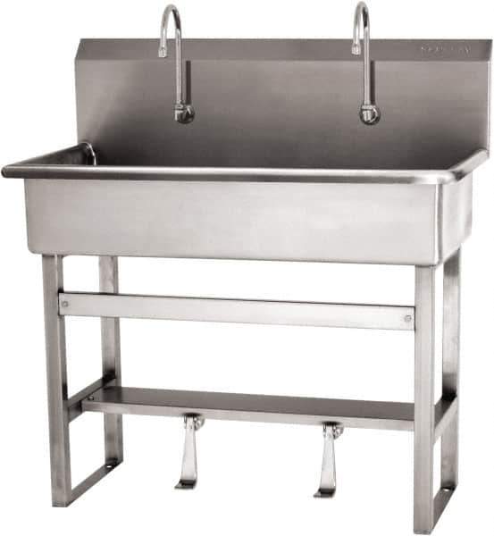 SANI-LAV - 37" Long x 16-1/2" Wide Inside, 1 Compartment, Grade 304 Stainless Steel (3) Person Wash-Station with Single Foot Valves - 16 Gauge, 40" Long x 20" Wide x 45" High Outside, 8" Deep - Apex Tool & Supply