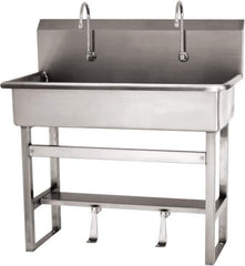 SANI-LAV - 37" Long x 16-1/2" Wide Inside, 1 Compartment, Grade 304 Stainless Steel (3) Person Wash-Station with Single Foot Valves - 16 Gauge, 40" Long x 20" Wide x 45" High Outside, 8" Deep - Apex Tool & Supply