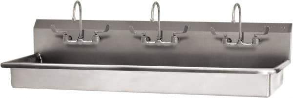 SANI-LAV - 65" Long x 16-1/2" Wide Inside, 1 Compartment, Grade 304 Stainless Steel (3) Person Wash-Station with Manual Faucet - 16 Gauge, 68" Long x 20" Wide x 21-1/2" High Outside, 5-1/2" Deep - Apex Tool & Supply