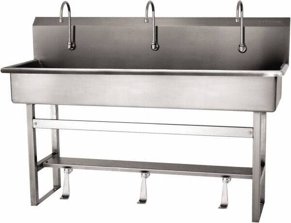 SANI-LAV - 57" Long x 16-1/2" Wide Inside, 1 Compartment, Grade 304 Stainless Steel (4) Person Wash-Station with Single Foot Valves - 16 Gauge, 60" Long x 20" Wide x 45" High Outside, 8" Deep - Apex Tool & Supply