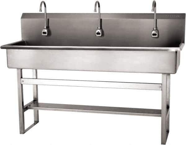 SANI-LAV - 57" Long x 16-1/2" Wide Inside, 1 Compartment, Grade 304 Stainless Steel (4) Person Wash-Station with Electronic Faucet - 16 Gauge, 60" Long x 20" Wide x 45" High Outside, 8" Deep - Apex Tool & Supply