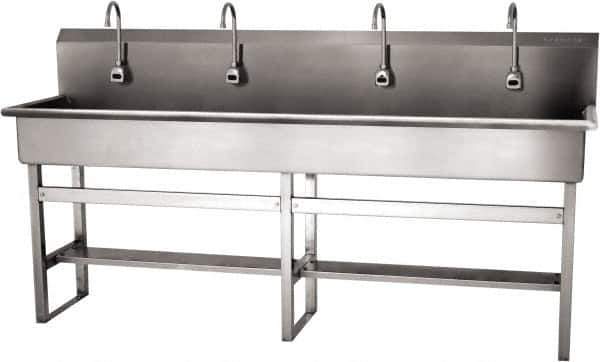 SANI-LAV - 77" Long x 16-1/2" Wide Inside, 1 Compartment, Grade 304 Stainless Steel (4) Person Wash-Station with Electronic Faucet - 16 Gauge, 80" Long x 20" Wide x 45" High Outside, 8" Deep - Apex Tool & Supply