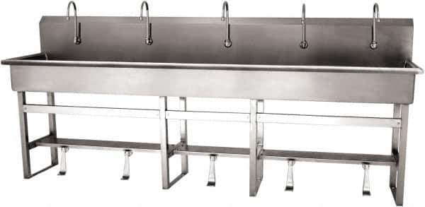 SANI-LAV - 97" Long x 16-1/2" Wide Inside, 1 Compartment, Grade 304 Stainless Steel (5) Person Wash-Station with Single Foot Valves - 16 Gauge, 100" Long x 20" Wide x 45" High Outside, 8" Deep - Apex Tool & Supply