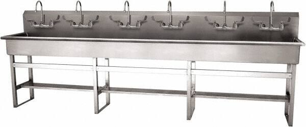 SANI-LAV - 117" Long x 16-1/2" Wide Inside, 1 Compartment, Grade 304 Stainless Steel (6) Person Wash-Station with Manual Faucet - 16 Gauge, 120" Long x 20" Wide x 45" High Outside, 8" Deep - Apex Tool & Supply