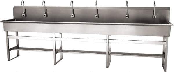 SANI-LAV - 117" Long x 16-1/2" Wide Inside, 1 Compartment, Grade 304 Stainless Steel (6) Person Wash-Station with Electronic Faucet - 16 Gauge, 120" Long x 20" Wide x 45" High Outside, 8" Deep - Apex Tool & Supply