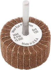 Camel Grinding Wheels - 3" Diam x 2" Face Width, Very Fine Aluminum Oxide Coated Mounted Flap Wheel - 1/4" Shank Mount, 180 Grit, X Weighted Cloth Backing, 20,000 Max RPM - Apex Tool & Supply