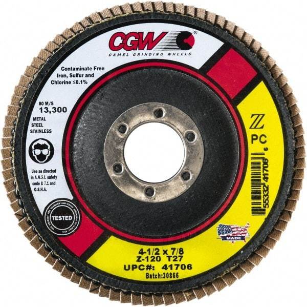 Camel Grinding Wheels - 40 Grit, 5" Disc Diam, 7/8" Center Hole, Type 29 Zirconia Alumina Flap Disc - 12,200 Max RPM, Poly Cotton Backing, Arbor Attaching System, Coated - Apex Tool & Supply