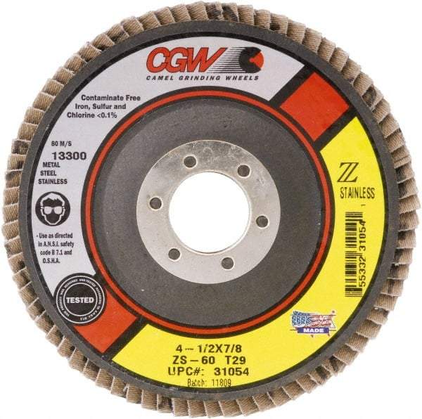 Camel Grinding Wheels - 60 Grit, 4-1/2" Disc Diam, 5/8-11 Center Hole, Type 27 Zirconia Alumina Flap Disc - 13,300 Max RPM, Polyester Backing, Arbor Attaching System, Coated - Apex Tool & Supply