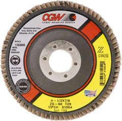 Camel Grinding Wheels - 60 Grit, 4-1/2" Disc Diam, 5/8-11 Center Hole, Type 27 Zirconia Alumina Flap Disc - 13,300 Max RPM, Polyester Backing, Arbor Attaching System, Coated - Apex Tool & Supply