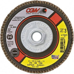 Camel Grinding Wheels - 40 Grit, 4-1/2" Disc Diam, 7/8" Center Hole, Type 27 Zirconia Alumina Flap Disc - 13,300 Max RPM, Poly Cotton Backing, Arbor Attaching System, Coated - Apex Tool & Supply